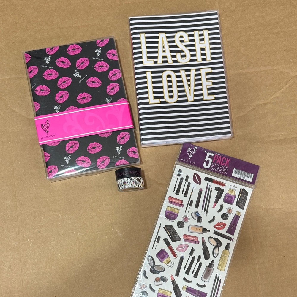 Younique Pink Lips and Lash Love Notebook Set, Stickers and Tape. Swag bundle